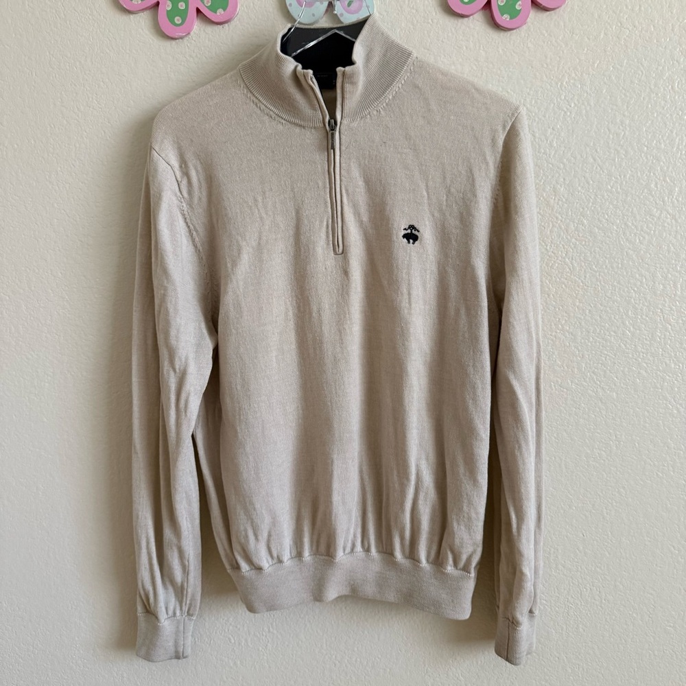 346 Brooks Brothers Tan Extra Fine Merino Half Zip Sweater Size M